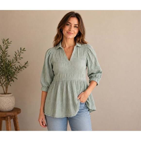 Umgee Tops - Umgee Babydoll Shirt Womens Size Medium Tunic Blouse Boho Peplum Textured
